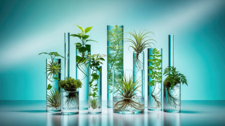 An assortment of vibrant green plants are showcased within clear glass cylinders against a softly lit turquoise backdrop. The close-up composition highlights the detailed textures of the foliage and the transparent quality of the vases. This image could be suitable for illustrating themes related to botany, design, and environmental sustainability.の素材