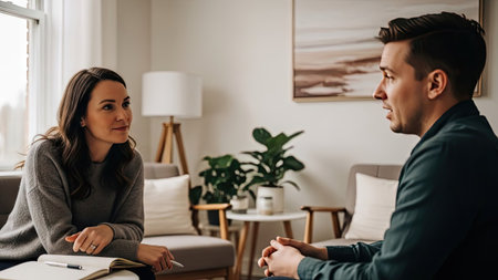 Two individuals, a woman and a man, engage in a conversation inside a well-lit space. The scene shows a close interaction between the two, surrounded by soft colors and interior elements. The composition features a natural light setting suitable for various editorial and commercial applications.の素材