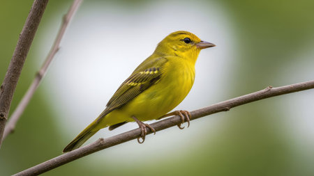 A small yellow bird is perched on a slender branch, its bright plumage contrasting with the blurred green background. The image showcases natural lighting and a detailed focus on the bird's features. This image could be suitable for various commercial or editorial applications related to nature or wildlife.の素材