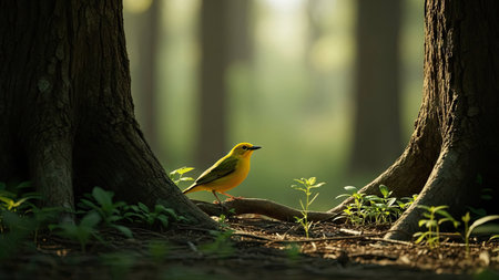 A vibrant yellow bird sits on a branch between two trees in a lush forest. The scene features natural light filtering through the trees, creating a soft, warm atmosphere. This image captures the serenity of nature and could be used for various editorial or commercial purposes.の素材
