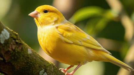 A bright yellow canary is captured perched on a tree branch, showcasing its plumage. The bird's form is highlighted against a backdrop of soft green foliage, suggesting an outdoor environment. The image uses natural light, creating a visually appealing composition, and could be utilized for various commercial purposes.の素材
