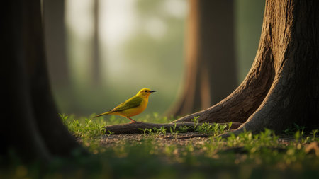 A small yellow bird is perched on a branch near a large tree trunk. The scene is illuminated by soft sunlight creating a gentle atmosphere. The composition includes a blurred background of other trees. This image could be suitable for a variety of editorial and commercial applications.の素材