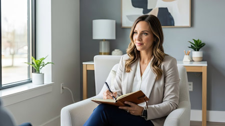 A woman in a professional setting is shown writing in a notebook near a window and indoor plants. The image displays a calm interior with soft lighting. Its use is ideal for projects related to consulting, coaching, or any theme involving professional development. The visual composition is clean and inviting.の素材