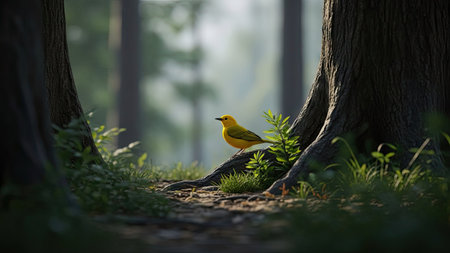 A vibrant yellow bird is perched on a small branch next to a large tree trunk. The image showcases natural textures and soft lighting within a forest setting. The composition suggests a serene environment suitable for editorial or commercial applications. The scene may be used for various projects that highlight wildlife and nature.の素材