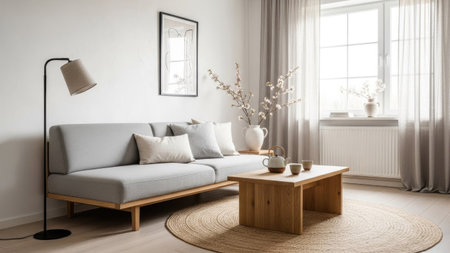 A bright living room features a gray sofa, wooden table, and natural light streaming through the window. The composition includes a floor lamp, decorative vase, and framed artwork. The overall aesthetic presents a minimalist and contemporary style, suitable for various editorial and commercial applications. The scene evokes a sense of calmness and relaxation.の素材