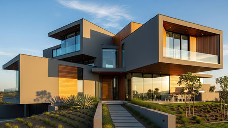 A contemporary residential building showcases a modern architectural design with clean lines and geometric shapes. The exterior features a combination of neutral colors, glass, and wood. The composition is well-lit, suggesting a sunny day, highlighting its potential for use in architectural, real estate, and design publications.の素材