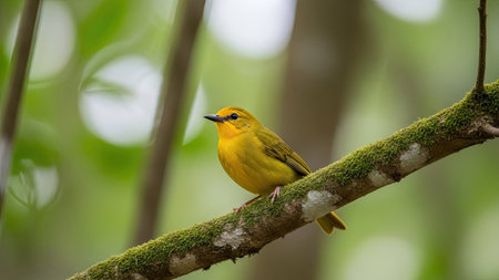 A small yellow bird is perched on a branch covered in green moss. The bird is the focal point, brightly colored against a blurred background of green foliage. The composition uses natural lighting. Suitable for nature-themed projects, editorial content, and various commercial applications.の素材