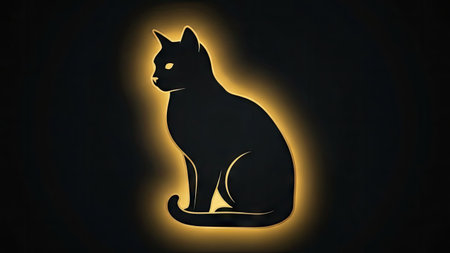 A silhouette of a cat is presented, illuminated by a glowing outline, set against a dark backdrop. The composition features a side profile view of the animal, highlighting its form. The artwork uses a minimalist design with striking visual contrast, suitable for various design applications and commercial uses.の素材