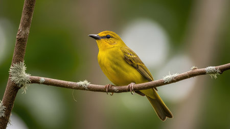 A small, bright yellow bird is showcased perched on a slender, textured branch, set against a blurred backdrop of green foliage. The bird exhibits detailed feather patterns, captured in natural lighting. This image is suitable for various commercial uses, including illustrations and editorial content, conveying themes of nature.の素材