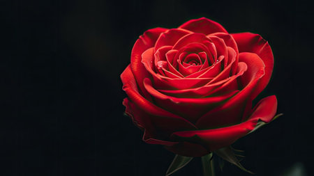 A striking close-up showcases a radiant red rose, its petals meticulously arranged. The image emphasizes the flower's texture and color against a deep black backdrop, creating a dramatic contrast. Suitable for various applications, including design projects, presentations, and marketing materials seeking botanical elegance.の素材
