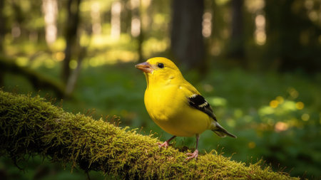 A bright yellow bird sits perched upon a moss-covered branch, its form in clear focus against a blurred background. The image showcases natural lighting and a shallow depth of field, emphasizing the bird. The style leans towards a realistic depiction with soft textures. Suitable for illustrating nature, wildlife, or ecological themes in various publications.の素材