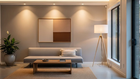 A contemporary living room showcases a neutral color palette with warm lighting highlighting a sofa and artwork. The composition includes a floor lamp, side table, and a decorative plant, creating a comfortable and inviting atmosphere. Suitable for home decor or lifestyle publications, the scene embodies comfort and elegance.の素材