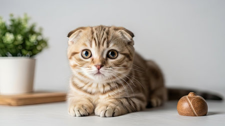 A Scottish Fold cat with distinctive folded ears is the central focus, resting on a white surface. The image exhibits a balanced composition with a small plant and decorative wooden object. The lighting appears soft and diffused, creating a clean aesthetic suitable for various applications.の素材