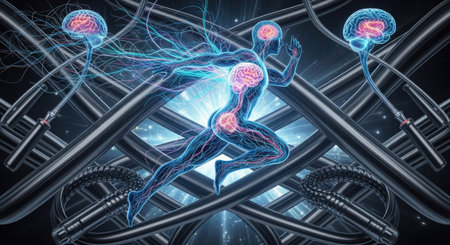 Digital illustration of  sperm and egg cell in colour  background.の素材