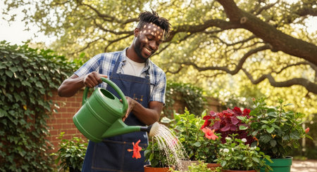 african american gardener watering flowers in garden at springtimeの素材