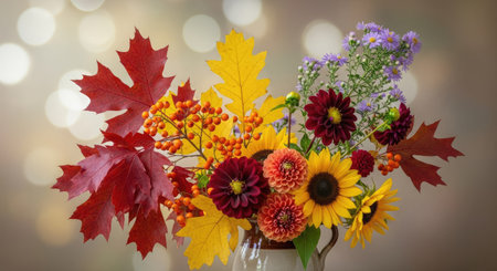 Autumn bouquet of flowers in vase on bokeh backgroundの素材