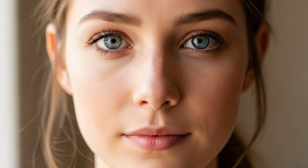 Close up portrait of a beautiful young woman with blue eyes looking at cameraの素材