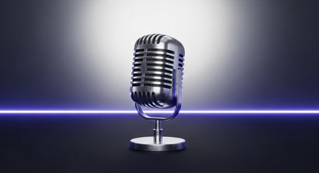 3d rendering of a microphone on a podium in a dark roomの素材
