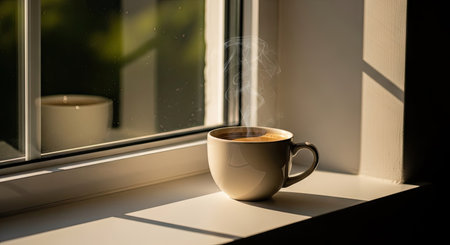 Cup of coffee on the window sill. Morning sunlight through the window.の素材