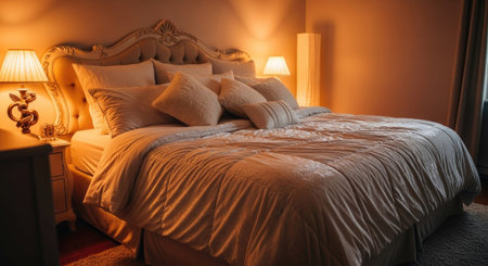 Interior of a hotel bedroom in the evening with a double bedの素材