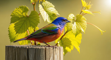 Colorful bird sitting on a wooden post with green leaves in the backgroundの素材