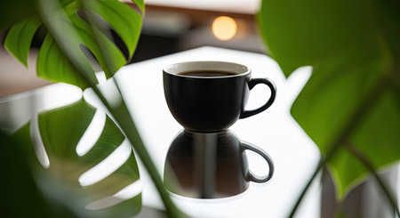 Coffee cup on the glass table in coffee shop, stock photoの素材
