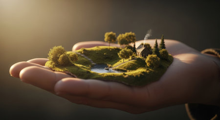 Hand holding a model of a village in the form of a small planetの素材