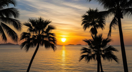 Silhouette coconut palm trees on the beach at sunset time.の素材