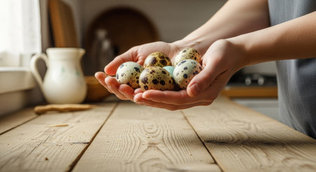 Female hands hold quail eggs on a wooden table. Selective focus.の素材