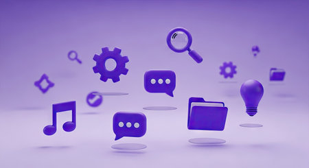 3d rendering of a group of purple icons with speech bubbles and lightbulbsの素材