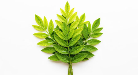 Green leaf with water drop isolated on white background with clipping path.の素材