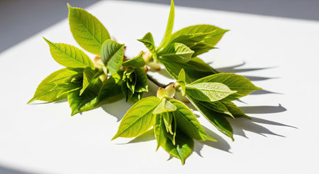 green leaves on a white background with shadow, close-up.の素材