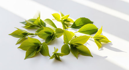 Green tea leaves on a white background with shadows from the sun.の素材