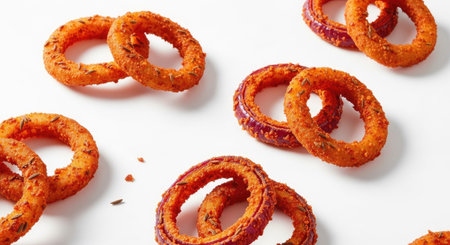 Tasty onion rings on white background, top view. Fried onion ringsの素材