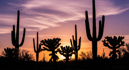 Silhouette of Saguaro Cactus at Sunset in Arizonaの素材