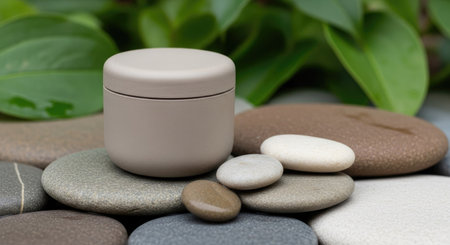 Cosmetic cream jar on pebbles background with green leaves.の素材