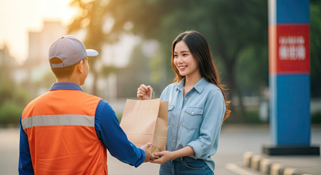 Delivery man delivering parcel box to customer. Young asian delivery man in uniform delivering parcel box to recipient - courier service concept.の素材