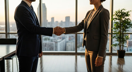 Businessman and businesswoman shaking hands with each other in modern officeの素材