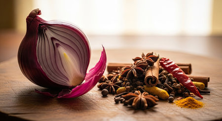 spices and herbs on a wooden table, shallow depth of fieldの素材