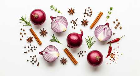 Fresh red onion, spices and herbs on white background. Top viewの素材