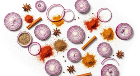 Spices and herbs isolated on white background. Top view, flat layの素材