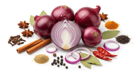 Red onions, spices and bay leaves isolated on white background. Clipping pathの素材