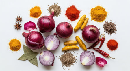 Colorful spices and herbs on a white background. Top view.の素材