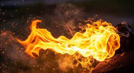 Fire flames with sparks on a black background. Close-up.の素材