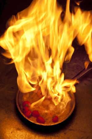 flame from hot oil in a frying panの写真素材