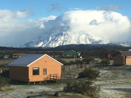 Landcape of snow and hostels in Patagonia Chileのeditorial素材
