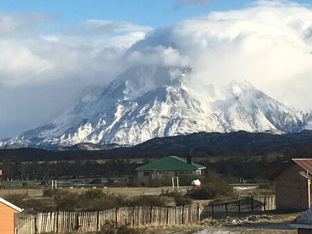 landscape of mountains and hostels in Patagonia Chileのeditorial素材