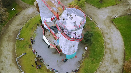 aerial view of rock climbing wall and climbers in Santiago, Chileのeditorial素材