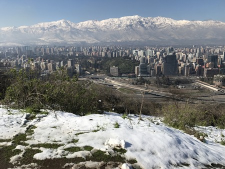 Aerial view of snowflakes in Santiago city in Chileの写真素材