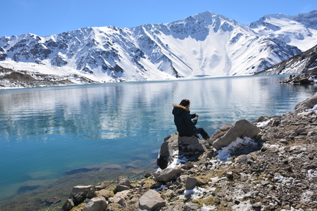 Landscape of mountain snow and lagoon in Santiago, Chileの写真素材